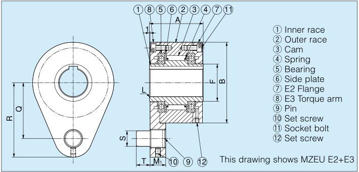 Structural drawing of MZEU E2 Flange + E3 Torque arm One Way Backstop Clutch